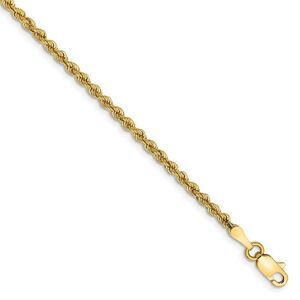 2.25mm, 14k Yellow Gold, Handmade Solid Rope Chain Bracelet, 8 Inch